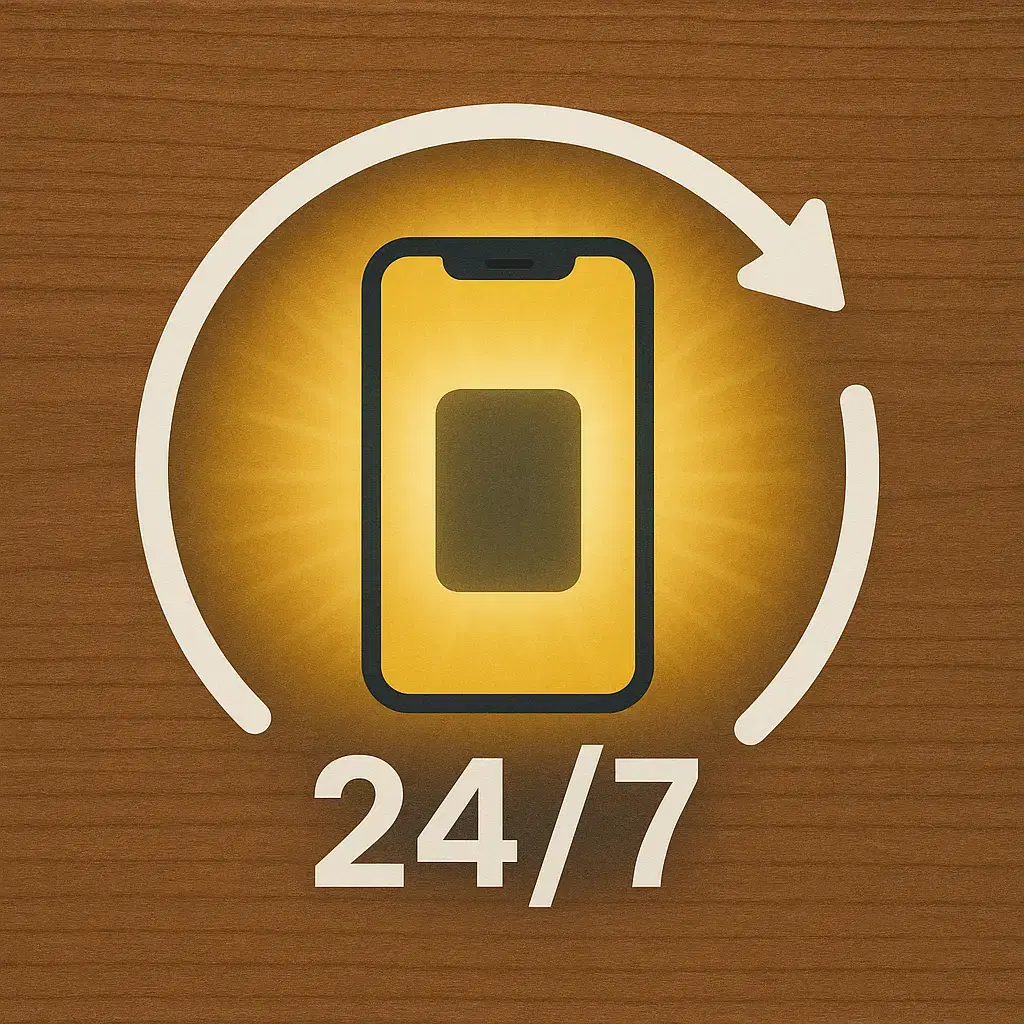Illustration of a clock around a glowing smartphone symbolizing continuous 24/7 access