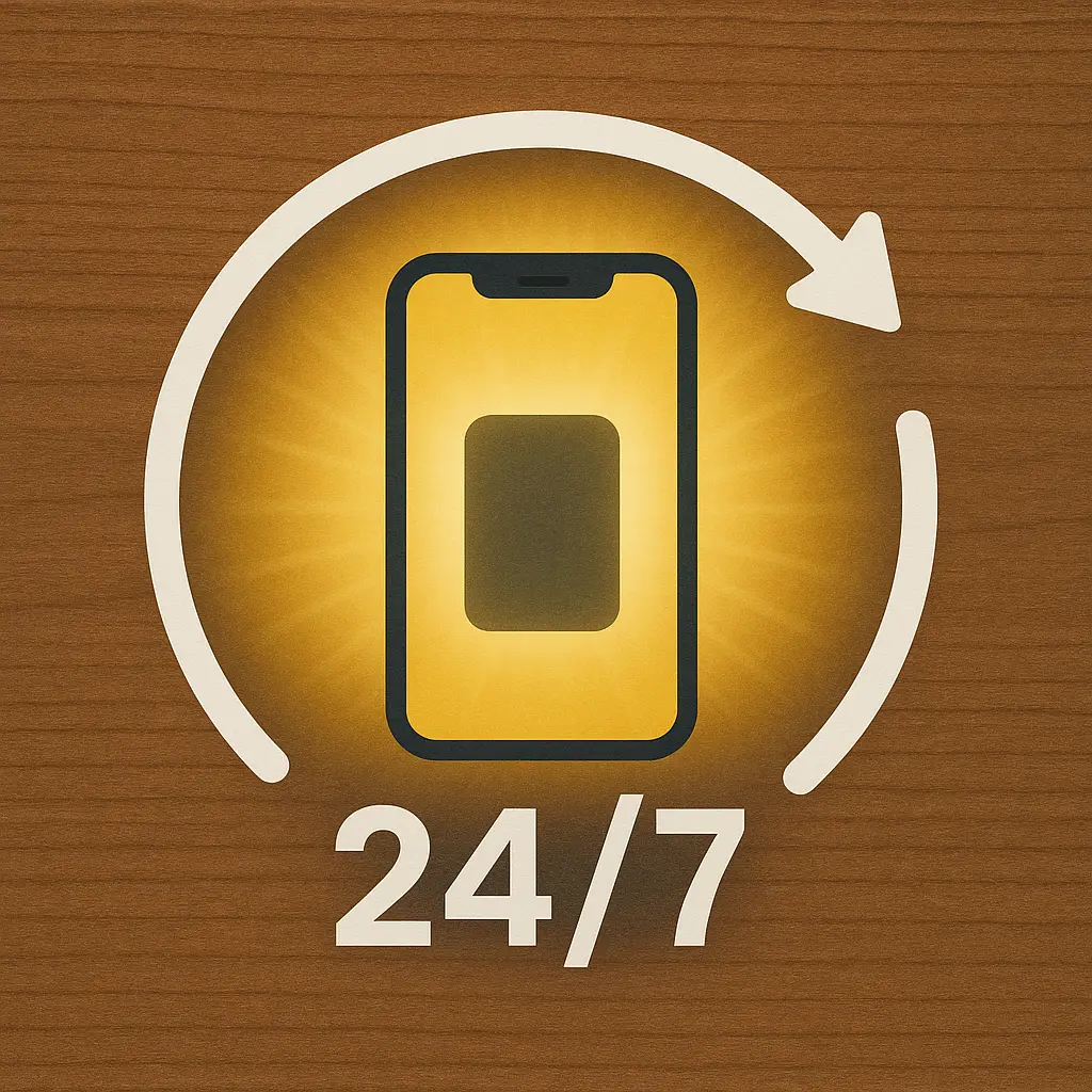 Illustration of a clock around a glowing smartphone symbolizing continuous 24/7 access