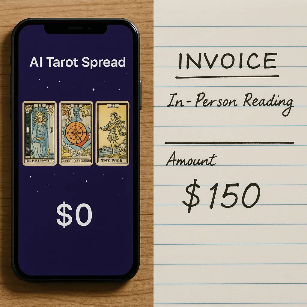 Phone displaying free AI tarot readings next to an expensive handwritten invoice