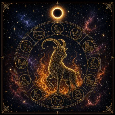 Horóscopo chino 2027 – cabra dorada entre llamas en el centro de la rueda del zodiaco chino con los 12 animales y un eclipse solar anular