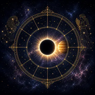 Horoscope 2027 – golden astrological wheel with a solar eclipse, Jupiter and the Leo and Virgo constellations