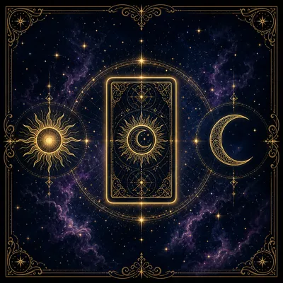 Yes or no tarot – a tarot card between a golden sun and a crescent moon in a starry sky